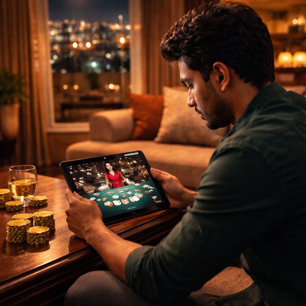 Confident player enjoying a high-stakes poker session with golden chips symbolizing the premium gambling atmosphere at FDFD