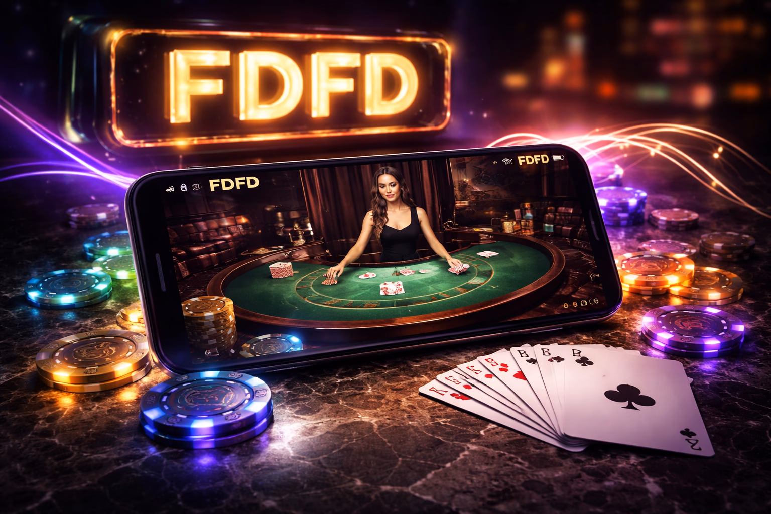 Confident Bangladeshi woman navigating the FDFD casino app on her smartphone with glowing card suits and casino chips in the background
