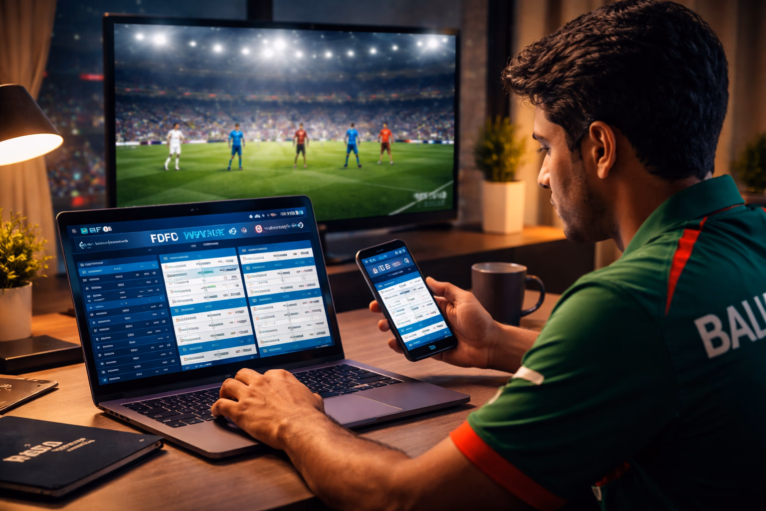 Focused Bangladeshi sports enthusiast reviewing real-time football and cricket wagering markets on a laptop using the FDFD platform in a comfortable home setting