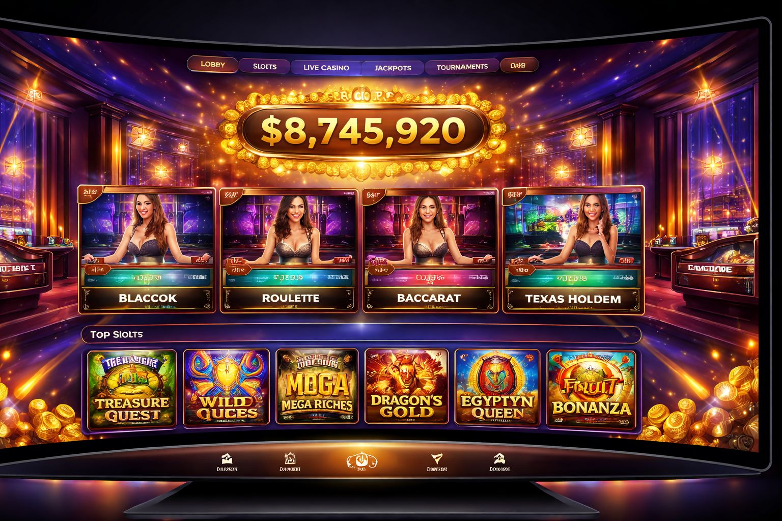 Confident casino dealer standing beside an illuminated roulette wheel with cascading golden chips symbolizing the trustworthy live gaming environment at FDFD Casino in Bangladesh