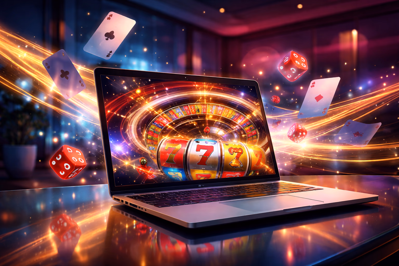 Sleek desktop monitor displaying the FDFD Aviator crash game alongside glowing casino chips and a spinning roulette wheel in a vivid digital setting