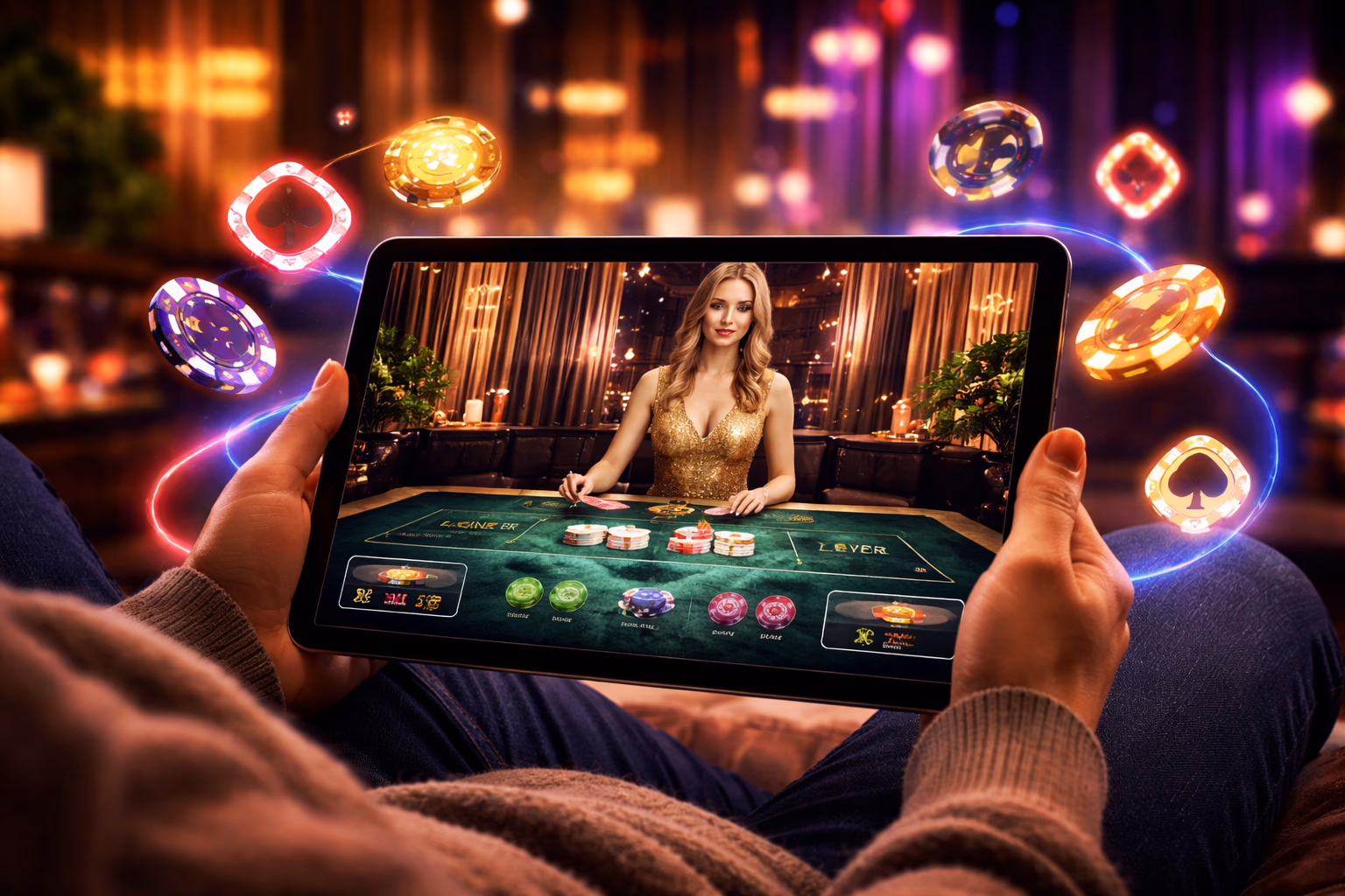 Focused Bangladeshi player navigating the FDFD online casino interface on a laptop surrounded by warm neon ambient lighting