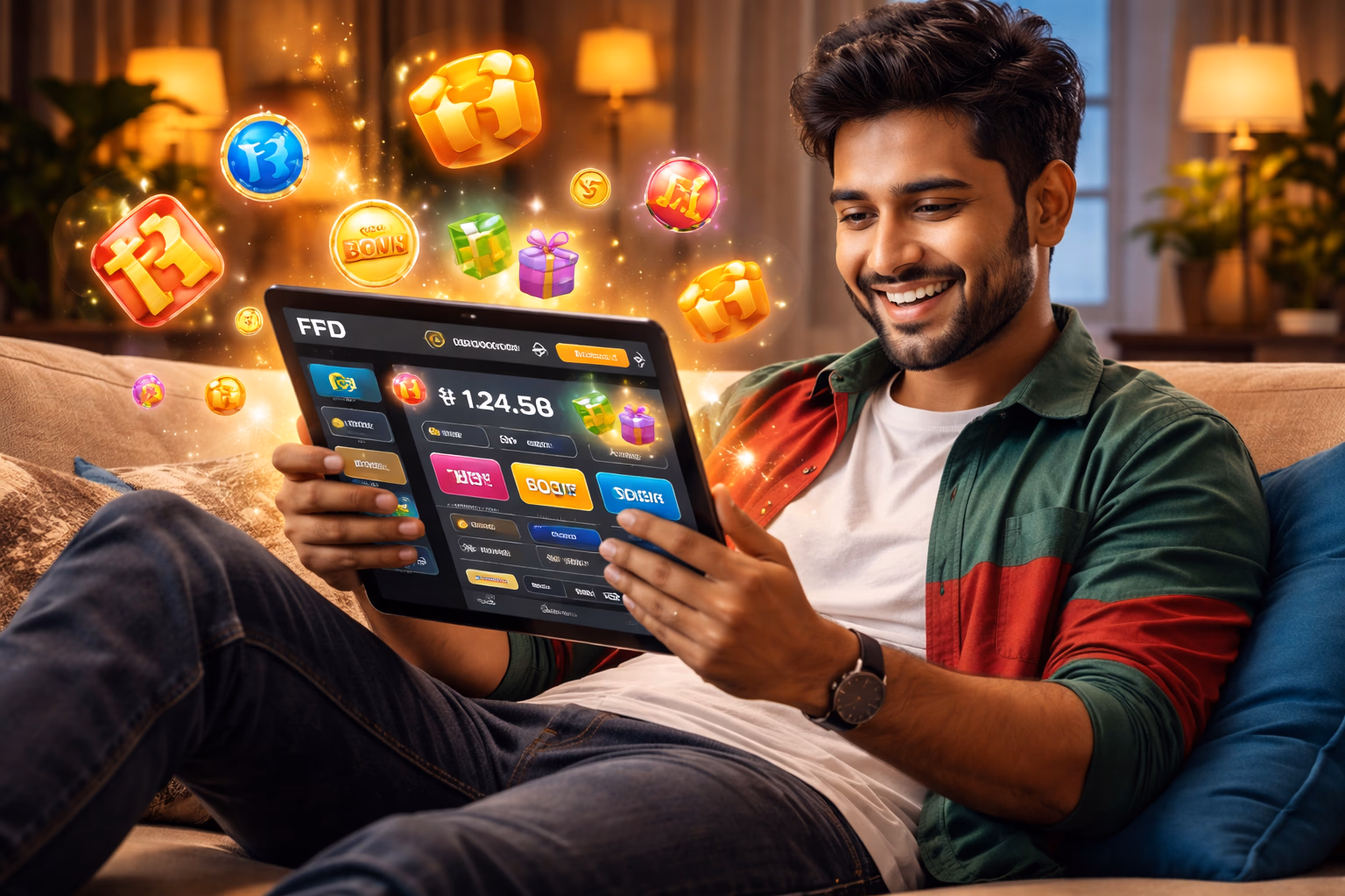 Cheerful Bangladeshi casino host welcoming players to the FDFD account dashboard with vibrant neon lights and animated reward symbols surrounding them